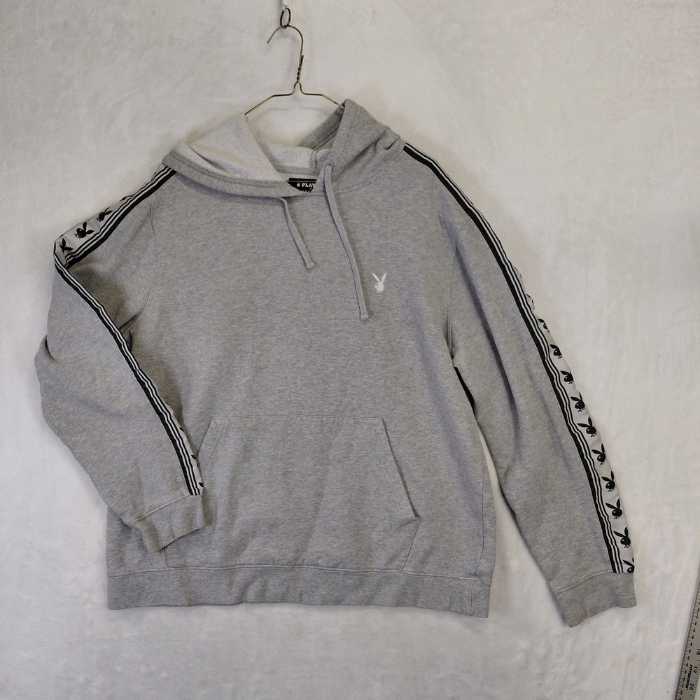 Playboy by PacSun Mens Gray Logo Tape Sleeve Pullover Hoodie Sweatshirt Medium